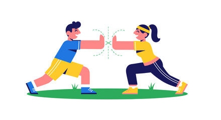 Illustrated Fitness Couple Working Out SidebySide Showing Teamwork And Active Lifestyle