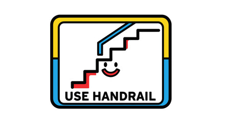 Illustrated Guidance: Stairwell Safety Sign Using Handrail Featuring Smiling Face