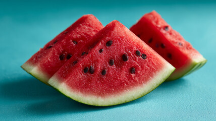 Juicy watermelon slices on a vibrant blue background.