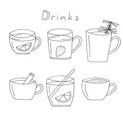 Hot drinks set of elements, hand drawing, vector illustration