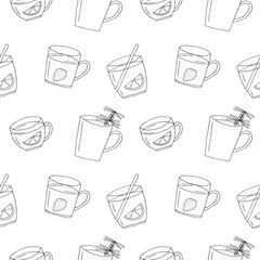 Hot drinks seamless pattern, hand drawing, vector illustration