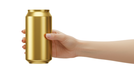 Ultra close-up of a fair-skinned female hand grasping a blank metallic gold beverage can against a transparent background with negative space for text. concept for beverage advertising