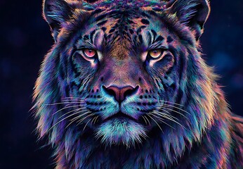 Captivating Digital Surreal Prismatic Close up Big Cat Portrait with Vivid Multicolor Fur