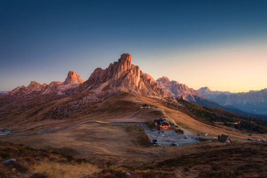 Passo Giau with Ra gusela peak and mountain hut in the morning at Dolomites, Italy