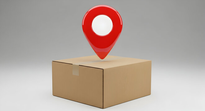 Glossy red map pin icon hovering above a sealed brown cardboard shipping box against a neutral background - Powered by Adobe