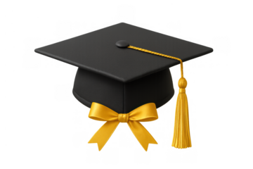 Graduation cap with golden tassel and celebratory bow on transparent background symbolizing academic achievement and success