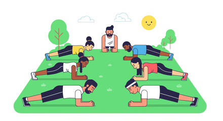Group Fitness Workout Demonstrates Planking Outdoor Exercise With Trainer Instruction