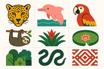 Obraz premium Amazon wildlife vector grid with jaguar dolphin macaw sloth rainforest plants and indigenous patterns