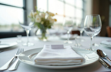 White tablecloth with elegant dinner setting. White plate, napkin, silverware, wine glass on table. Formal dining setup in fancy restaurant. White flowers in vase on table. Elegant table decoration