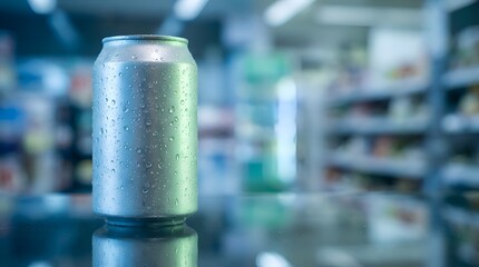 Cold Refreshing Drink Can with Water Droplets on a Store Shelf.