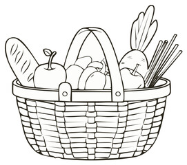 Obraz premium Outline illustration of a woven basket filled with fresh fruits vegetables and bread
