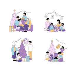 Family Celebrating Christmas with Tree and Gifts Illustration
