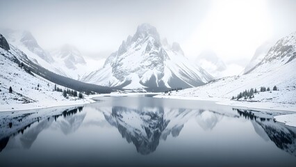 Serene snowy mountain landscape with calm lake reflection on a cloudy day in winter