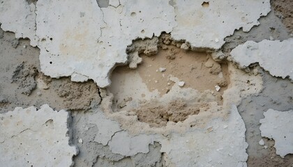 Close-up of peeling paint and damaged plaster on an old wall.