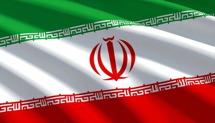 National flag of Iran with green, white, and red horizontal bands, central emblem, and Kufic script border
