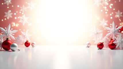 Banner, background with holiday decorations with red ornaments and snowflakes