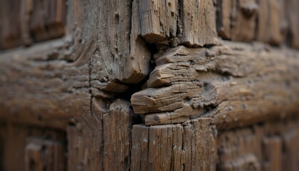 Close-up of Weathered and Damaged Wooden Structure with Visible Grain and Texture.