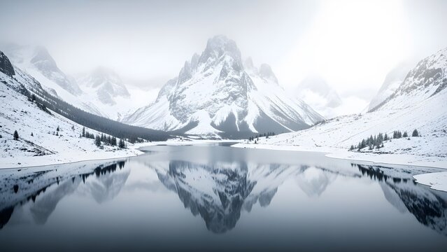 Serene snowy mountain landscape with calm lake reflection on a cloudy day in winter - Powered by Adobe