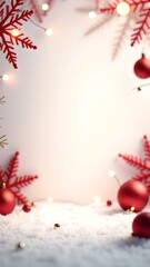 Banner, background with holiday decorations with red ornaments and snowflakes