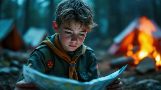 Young caucasian boy reading map at campfire in forest evening
