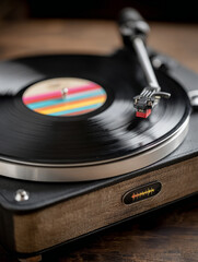 Close-up of a turntable playing a vinyl record.