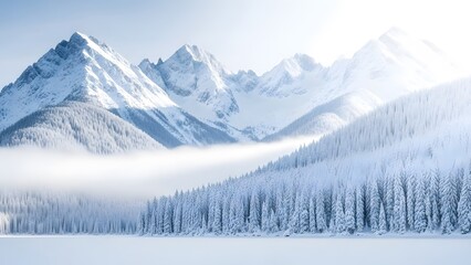 Snowy mountain range with foggy trees and frozen lake in winter landscape