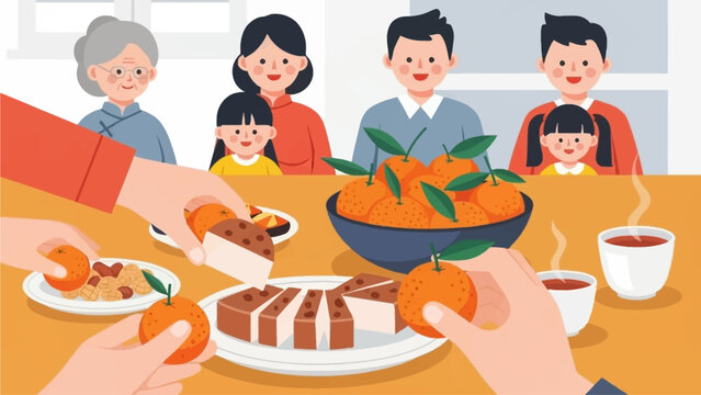 This delightful flat design illustration shows a family happily sharing traditional Chinese New Year treats such as nian gao and auspicious oranges, symbolizing prosperity and sweetness