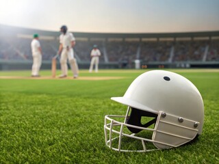 White cricket helmet on green grass with players in the background game background on transparent background