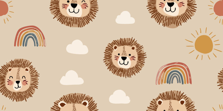 Cute cartoon lion head, sun, and rainbow seamless pattern in warm neutral tones for nursery fabrics, bohemian decor, and children's designs