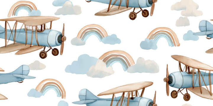 Watercolor biplane and rainbow seamless pattern in pastel blue and brown for adventure-themed nursery fabrics and boys' stationery.