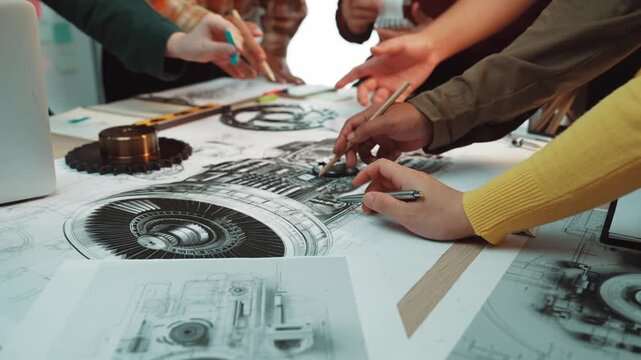 A dynamic engineering team engages in a collaborative session, analyzing intricate technical drawings and developing innovative ideas with various tools on their workspace. SACTR