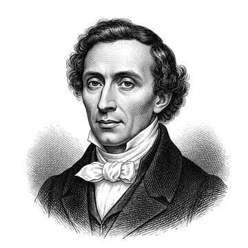 Black and white vintage engraving, close-up headshot portrait of Hans Christian Andersen, the famous historical Danish literary playwright, novelist, and fairy tale writer, white background, greyscale