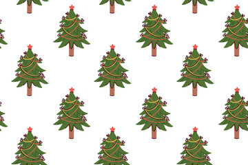 Holiday texture featuring firs wrapped in different red strings. New Year background with spruce trees adorned with thin bows and lines.