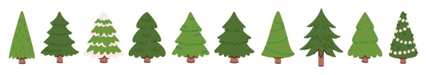 Row of ten evergreen spruces and pines isolated on white. Set of plain and snowy fir trees lined up for holiday footer, banner or frame design.