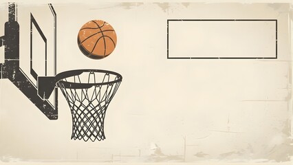 Vintage-style illustration of a basketball flying towards a hoop and net, with a blank rectangular space on the right.