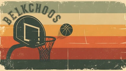Vintage distressed basketball illustration with hoop, net, and ball against a retro striped background, featuring the text 'BELKCHOOS'.