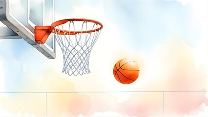 An artistic illustration of a basketball hoop and a ball in mid-air with a soft watercolor background.