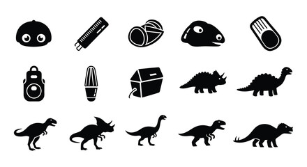 Collection of black silhouette icons featuring dinosaurs tiki mugs and various objects © Begum
