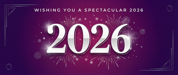 Happy New Year 2026 eve loading line design art numbers logo with sparkle fireworks white purple vector wallpaper greeting card