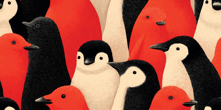 Striking seamless vector pattern of abstract penguins in black, white, and vibrant red, ideal for design, high-end fabrics, and bold packaging