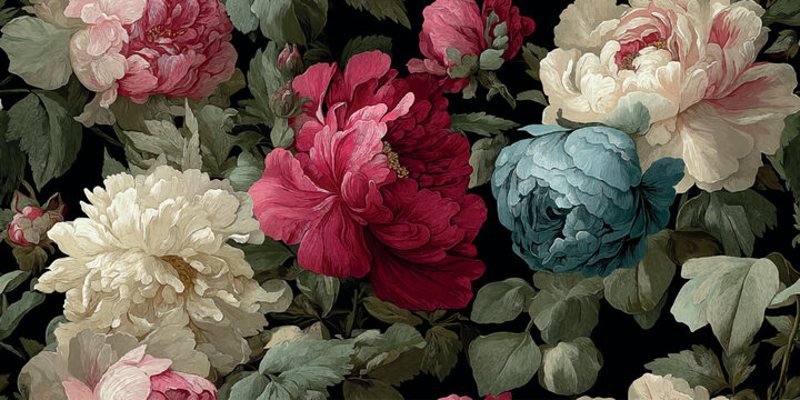Opulent floral pattern with hand-drawn peonies in deep red, soft cream, and muted teal on a rich black background for design, textiles, and luxurious home decor