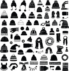 Monochrome Vector Illustration of Diverse Winter Accessories Featuring Minimalist Silhouettes of Hats, Scarves, Mittens, Gloves, Socks, and Earmuffs Representing Cold Weather Fashion, Seasonal Comfort