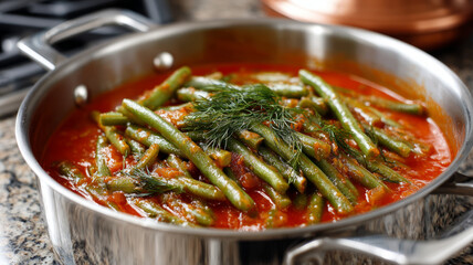 Green beans stew in tomato sauce in a stainless pot.