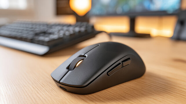 Black wireless mouse on wooden desk in modern office setup.