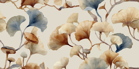 Organic repeating pattern of watercolor ginkgo leaves in soft beige, warm brown, and dusty blue for design, luxury packaging, and tranquil wallpapers or fabrics © Eli Berr
