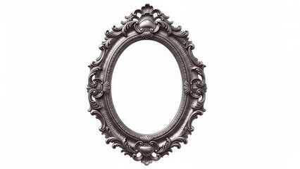 Ornate silver oval picture frame with intricate baroque design, antique decorative object on transparent background