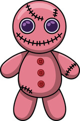Cute pink voodoo doll cartoon illustration, Halloween spooky plush toy art, stitched character design, creepy yet adorable doll vector drawing