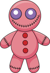 Cute pink voodoo doll cartoon illustration, Halloween spooky plush toy art, stitched character design, creepy yet adorable doll vector drawing