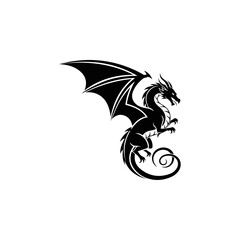 Black dragon logo, powerful mythical beast with outstretched wings, fantasy creature vector icon