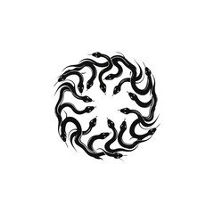 Fototapeta premium Intricate black serpent mandala design, a mesmerizing circular pattern of intertwined snakes
